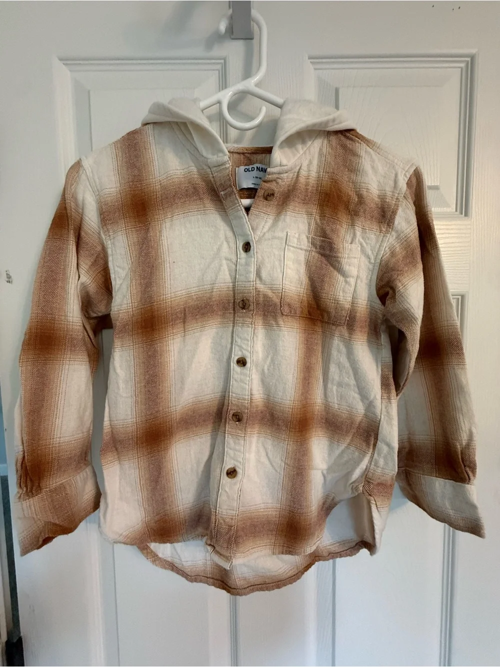 Old Navy Kids Hooded Plaid Button-Down Shirt - Cream & Brown